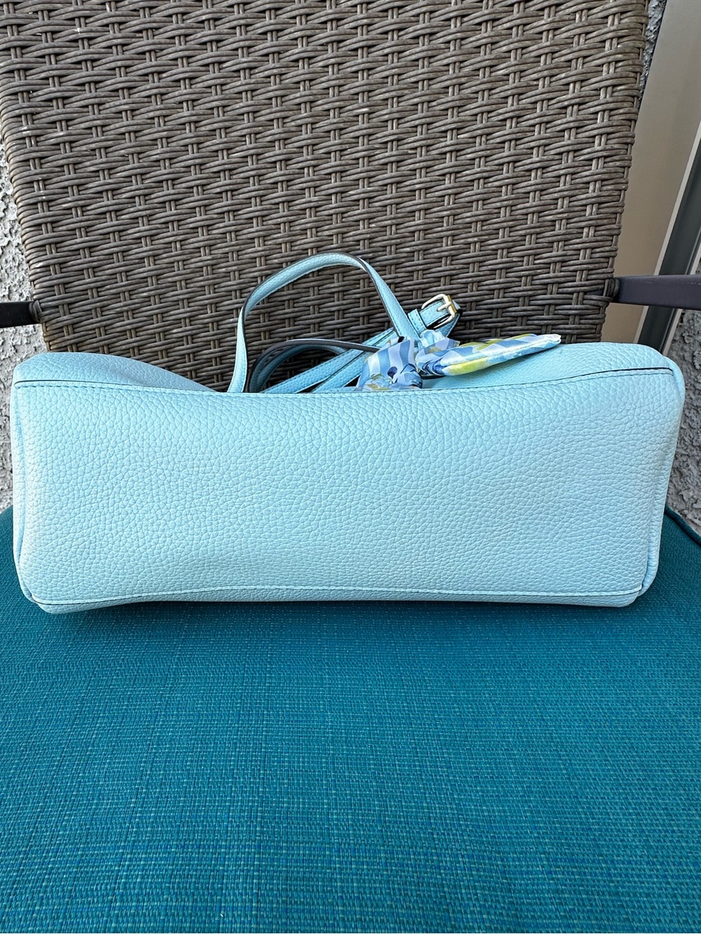Nanette Lepore Light Blue Pebbled Leather Satchel with Floral Scarf 12X9” Pretty - Picture 9 of 16